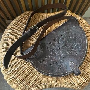 Vintage Handmade Embossed Chocolate Brown Leather Half Moon Saddle Crossbody Bag